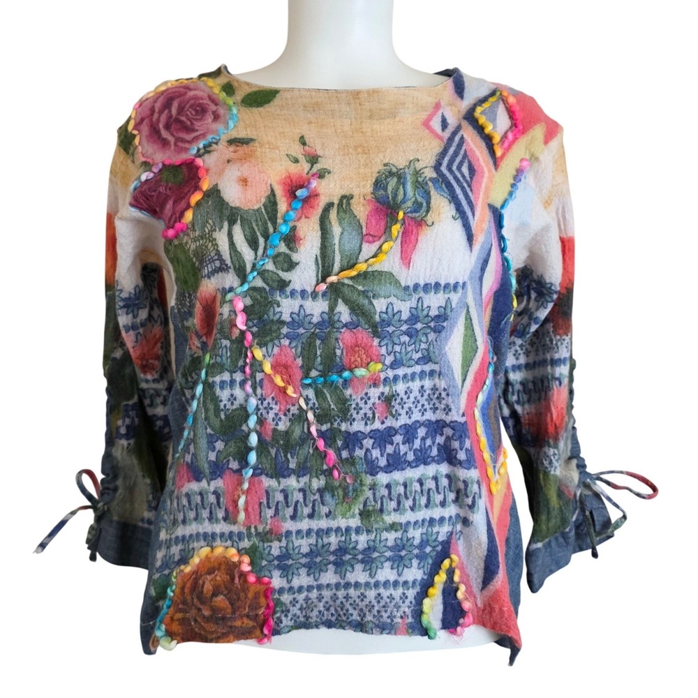 John Mark Mixed Media Floral Wool Blend Chambray Top Blue Multicolor Size M READ